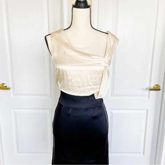 Antonio Melani 0 One Shoulder Cream White Black Contrast Silky Evening Dress - Picture 2 of 15